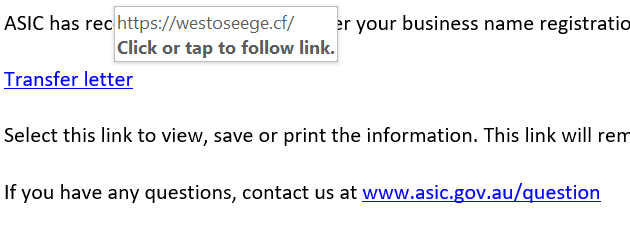 Screenshot of a link that on hover shows a dodgy URL - westoceege.cf