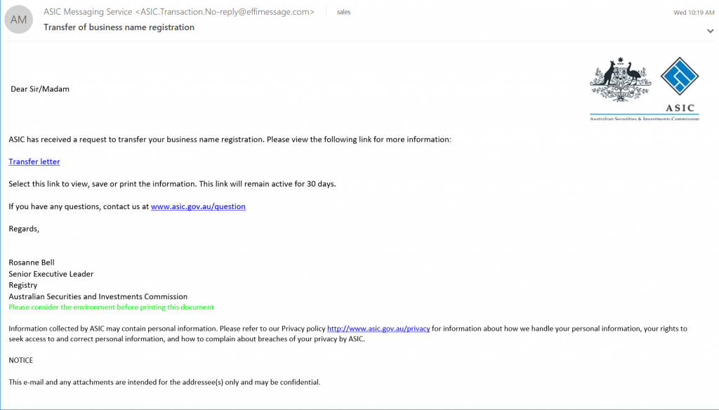 A screenshot of a scam email allegedly from ASIC discussing a request to transfer a business name registration.